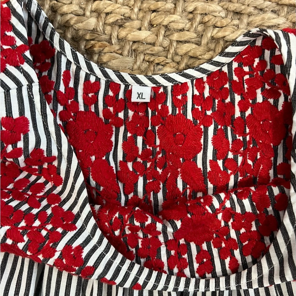 Red Embroidered Floral Striped Top